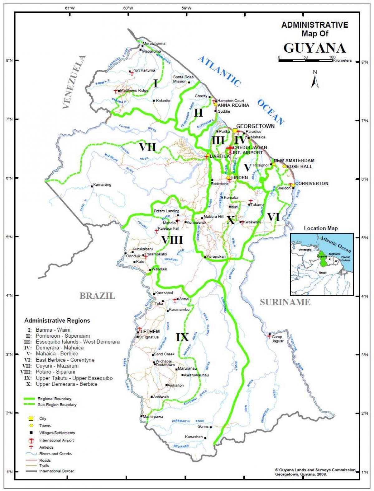 kaart, Guyana, mis näitab kümme halduspiirkonnaks