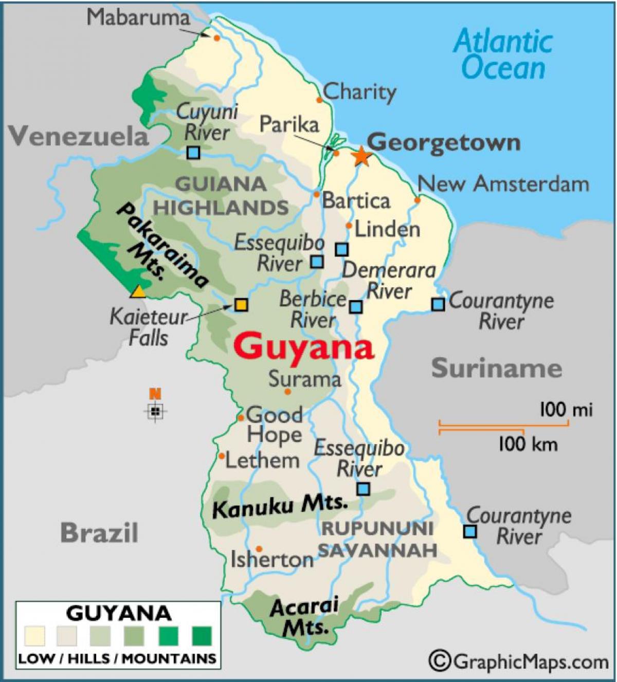 kaart, Guyana, mis näitab mägesid