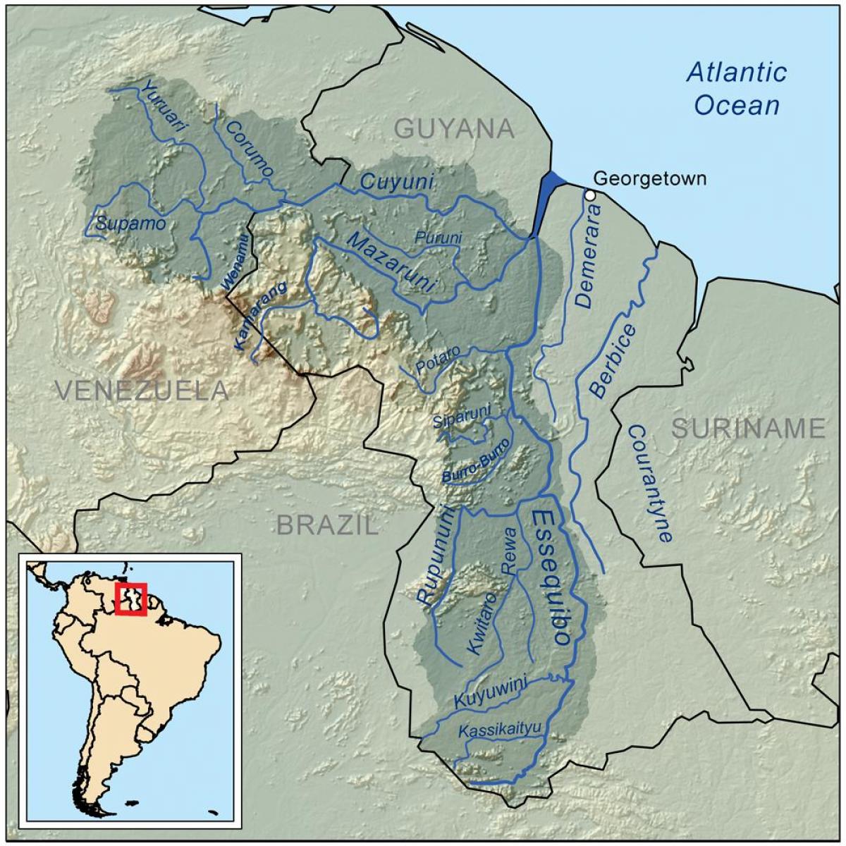 kaart, Guyana, mis näitavad, et kolme peamise jõed