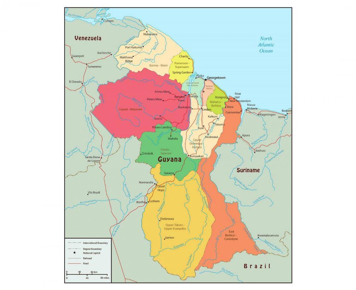 kaart, Guyana, mis näitab 10 halduspiirkonnaks