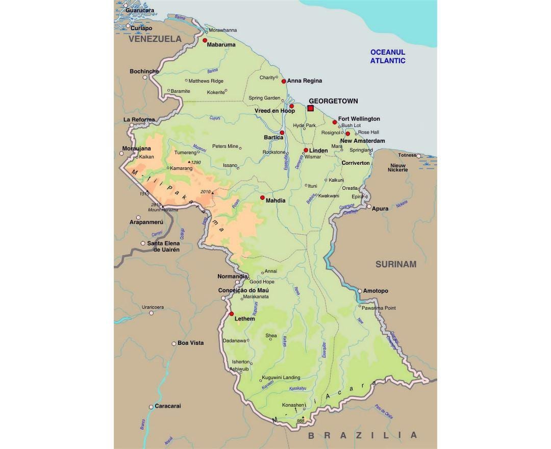 kaart, Guyana, mis näitab linnad