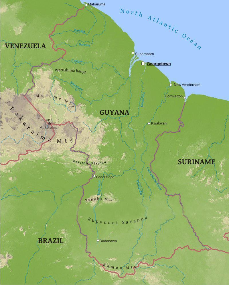 kaart, Guyana, mis näitab madala rannikumadalik