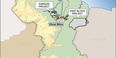 Kaart, Guyana, mis näitab maavarade