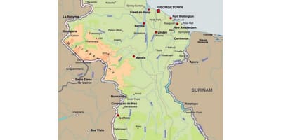 Kaart, Guyana, mis näitab linnad