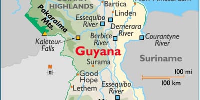 Kaart, Guyana, mis näitab mägesid
