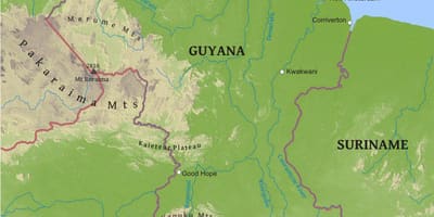 Kaart, Guyana, mis näitab madala rannikumadalik